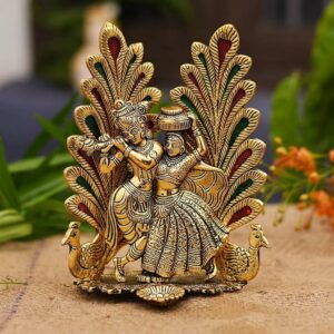 Peacock Design Radha Krishna Idol Showpiece with Diya for Puja and Home Decor
