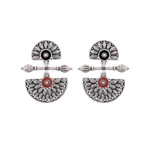 Voylla Brass Silver Oxidised Mandala Design Lightly Embellished Drop Earrings