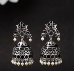Voylla Brass Silver Oxidised Plating Rangabati Pink Embellishments Jhumka Earrings