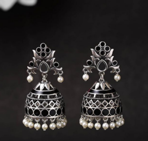 Voylla Brass Silver Oxidised Plating Rangabati Pink Embellishments Jhumka Earrings