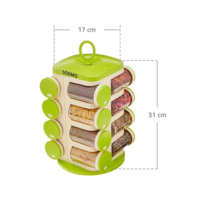Amazon Brand - Solimo Revolving Spice Rack Set | 16 pieces | Plastic | Tiered Shelf | Tabletop | Green - Image 3