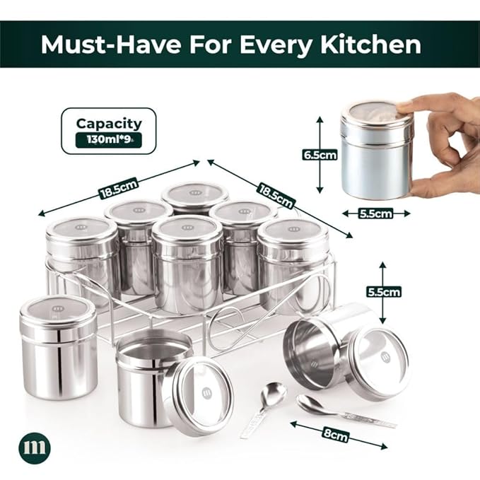 MARU 9 IN 1 Square Masala Box for Kitchen Steel - 130ml Each Containers - Image 5