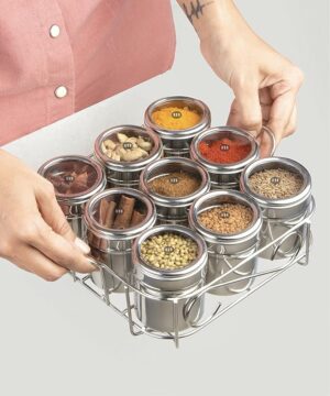 MARU 9 IN 1 Square Masala Box for Kitchen Steel - 130ml Each Containers