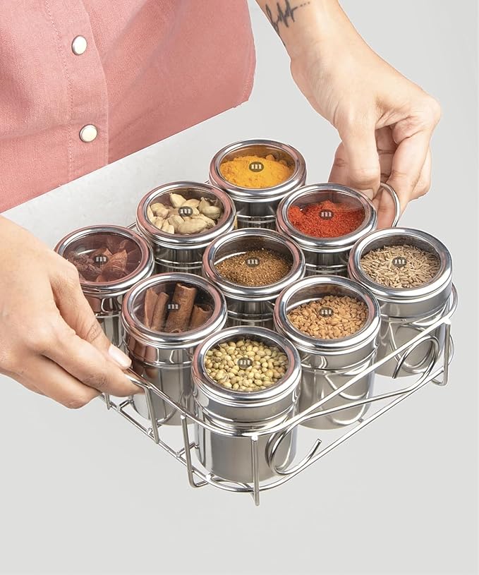 MARU 9 IN 1 Square Masala Box for Kitchen Steel - 130ml Each Containers