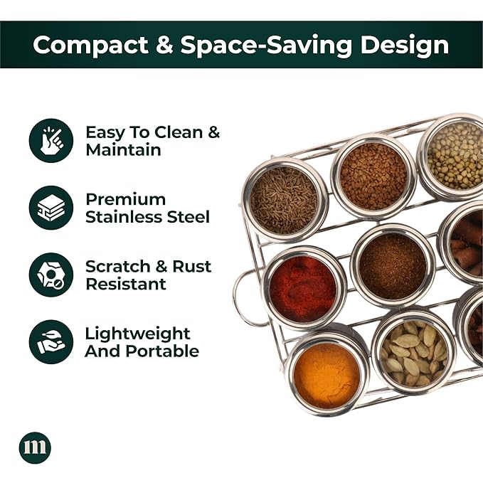 MARU 9 IN 1 Square Masala Box for Kitchen Steel - 130ml Each Containers - Image 2