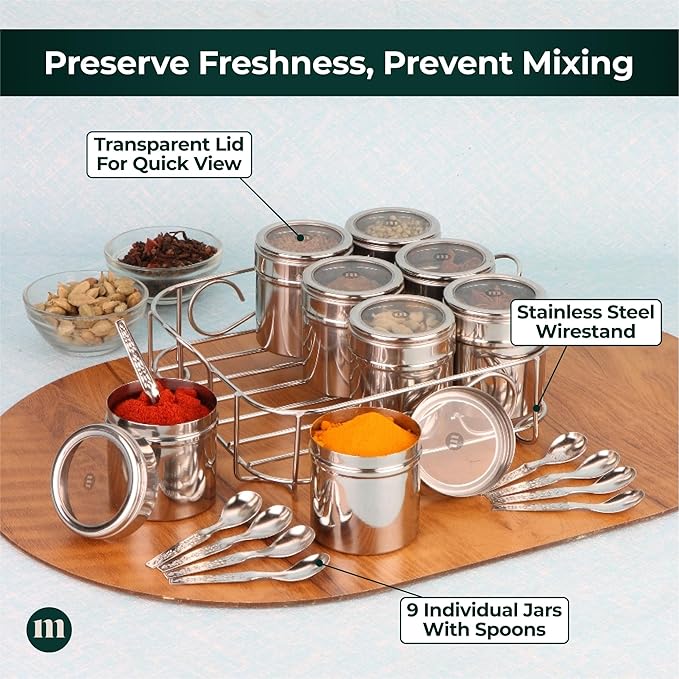 MARU 9 IN 1 Square Masala Box for Kitchen Steel - 130ml Each Containers - Image 4