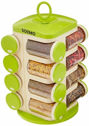 Amazon Brand - Solimo Revolving Spice Rack Set | 16 pieces | Plastic | Tiered Shelf | Tabletop | Green