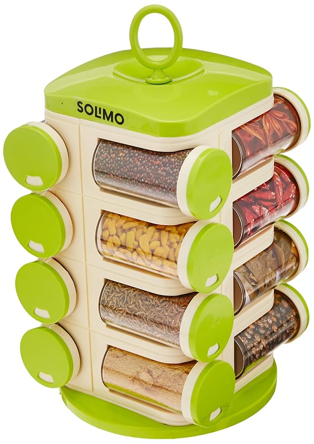 Amazon Brand - Solimo Revolving Spice Rack Set | 16 pieces | Plastic | Tiered Shelf | Tabletop | Green