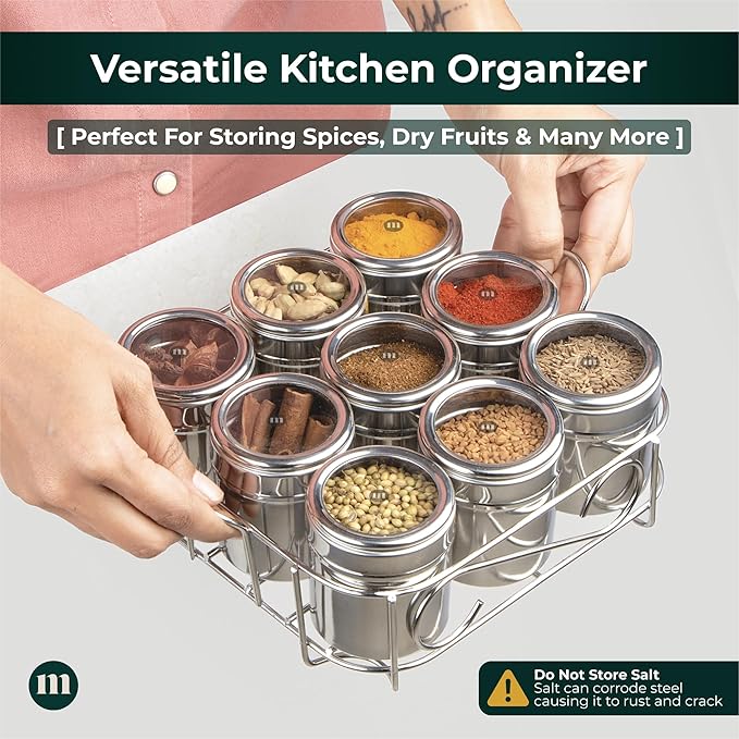 MARU 9 IN 1 Square Masala Box for Kitchen Steel - 130ml Each Containers - Image 3