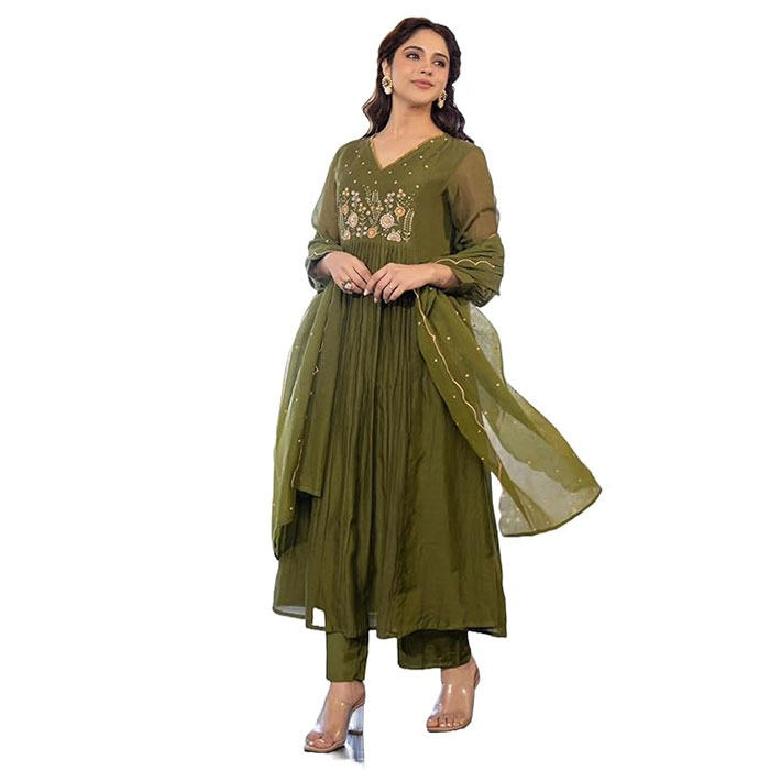 Nermosa Women Embroidery Solid Anarkali Kurta and Pant Set with Dupatta
