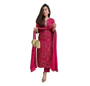 GoSriKi Women's Rayon Blend Straight Bandhej Printed Kurta with Pant & Dupatta
