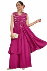 Janasya Women's Pink Georgette Sequined Front Slit Kurta with Crop Top Palazzo Set
