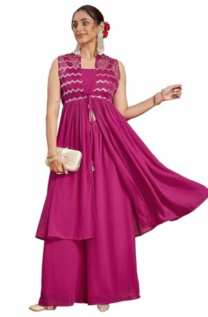Janasya Women's Pink Georgette Sequined Front Slit Kurta with Crop Top Palazzo Set