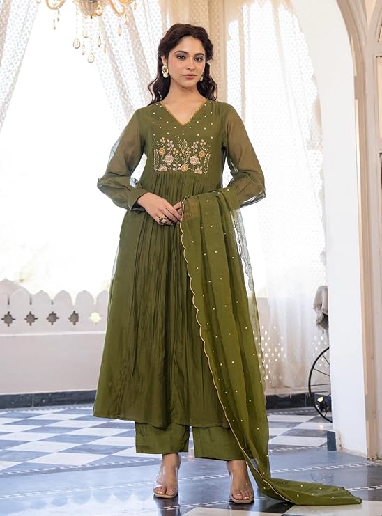 Nermosa Women Embroidery Solid Anarkali Kurta and Pant Set with Dupatta - Image 2