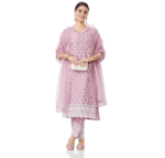 Amazon Brand - Myx Women's Embroidered Cotton Kurta Pant Set with Organza Dupatta