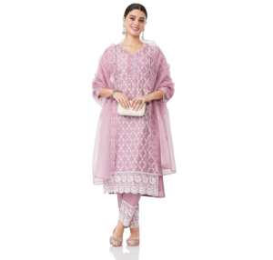 Amazon Brand - Myx Women's Embroidered Cotton Kurta Pant Set with Organza Dupatta
