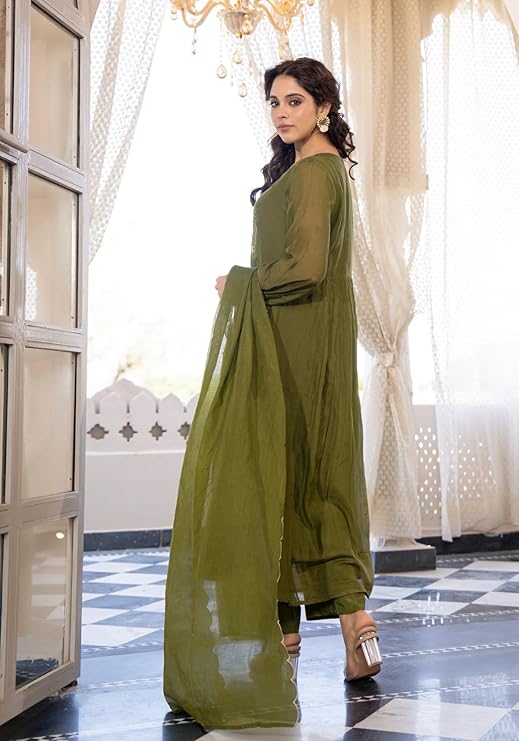 Nermosa Women Embroidery Solid Anarkali Kurta and Pant Set with Dupatta - Image 3