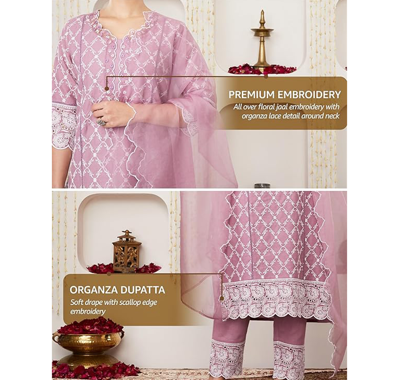 Amazon Brand - Myx Women's Embroidered Cotton Kurta Pant Set with Organza Dupatta - Image 3