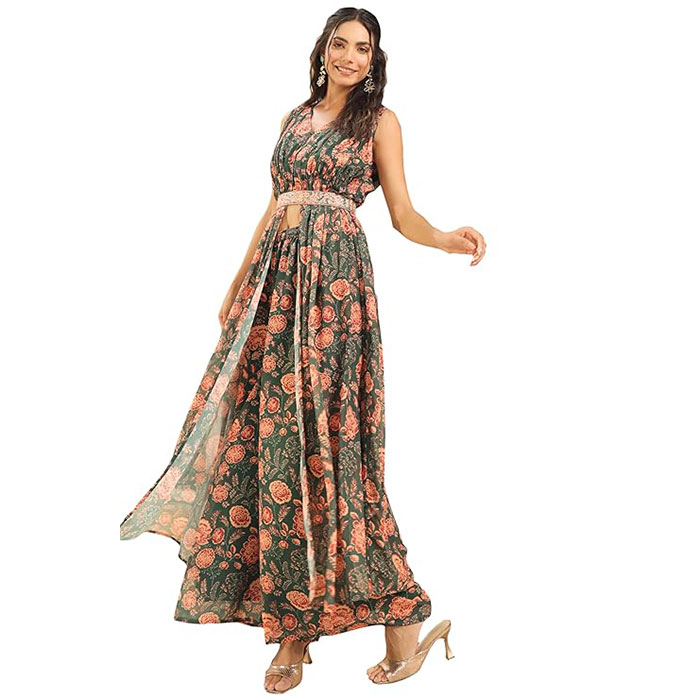 Janasya Women Green Georgette Kurta with Palazzo & Dupatta with Floral Print Outfit for Women