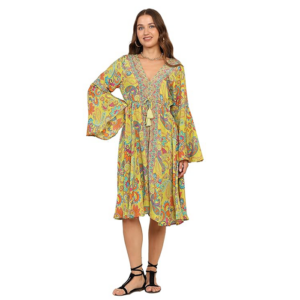 KE KANHA Boho Border Print Beach Dress with Tassel Waist – Multicolor