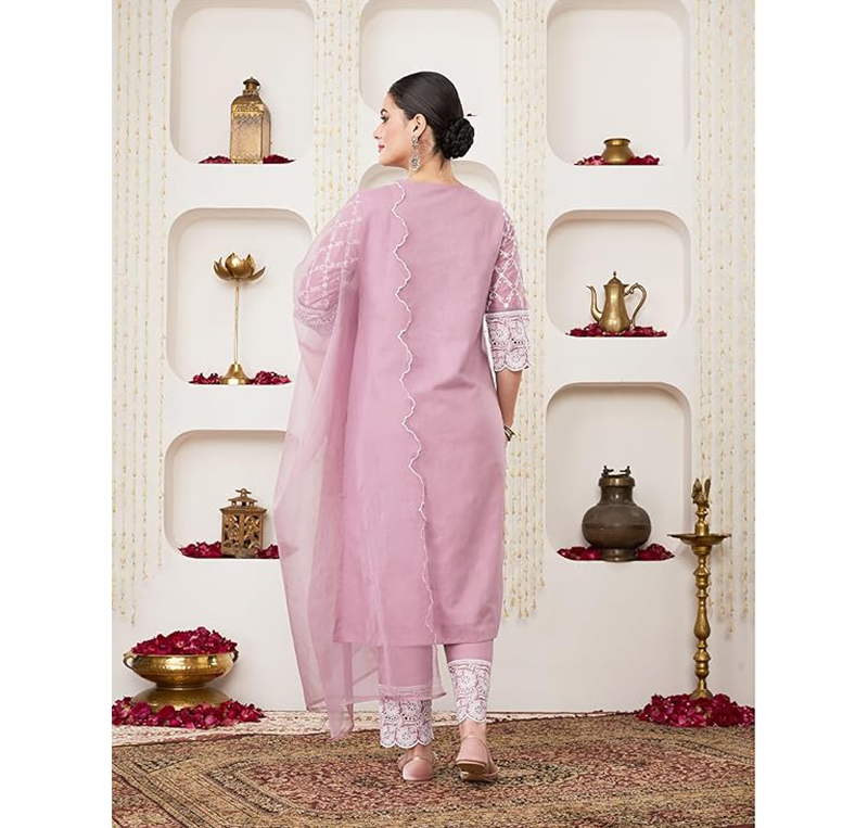 Amazon Brand - Myx Women's Embroidered Cotton Kurta Pant Set with Organza Dupatta - Image 2