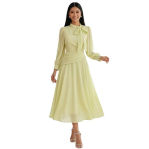 SMOWKLY Women Elegant Midi Dress | Long Sleeve Fit & Flare Dress Western Dress for Women