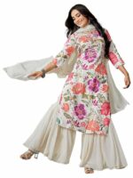 Royal Export Women's Viscose Floral/Mirror Work Embroidered Straight Kurta Sharara with Dupatta