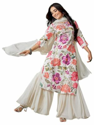 Royal Export Women's Viscose Floral/Mirror Work Embroidered Straight Kurta Sharara with Dupatta
