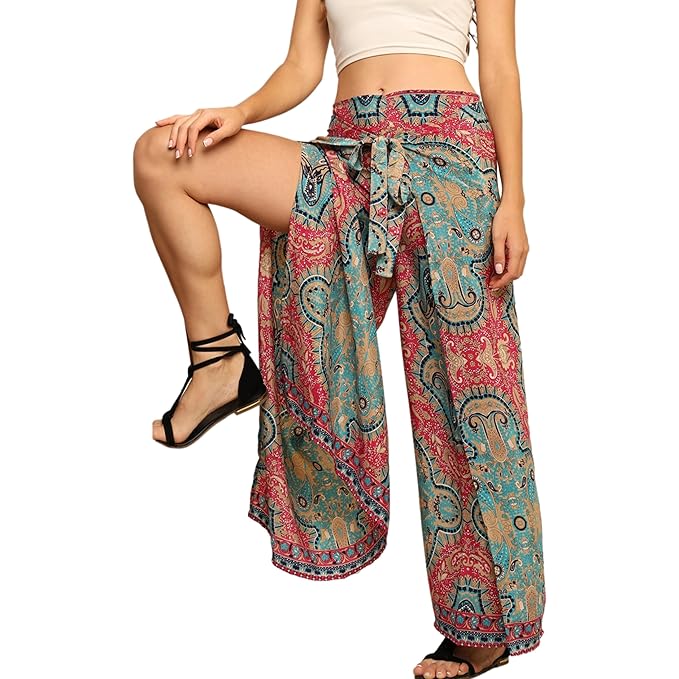 KE KANHA EXPORTS Women’s Boho Wrap Palazzo Plazo Pants, Printed Wide Leg Tie-Up Waist Trousers - Image 5