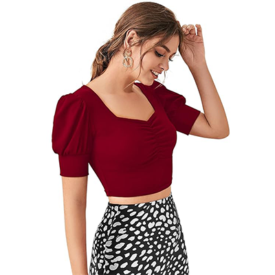 Buy Women's 1 Sweetheart Neck Puff Sleeve Crop Top - Image 2